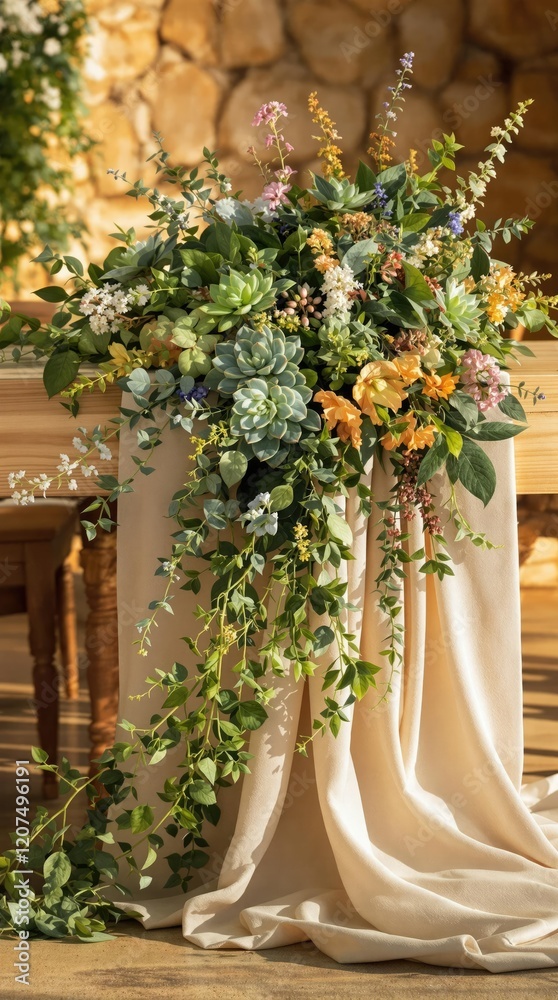 Fototapeta premium Boho chic wedding table runner adorned with succulents and greenery, runner, succulents