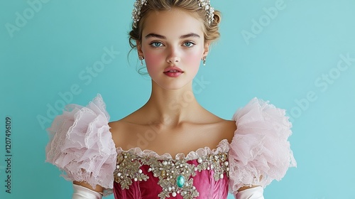 Rococo inspired ballgown in powder pink with layers of tulle golden applique and pearl embellishments paired with a jeweled tiara and satin gloves  photo