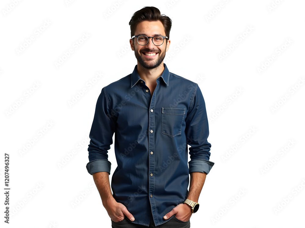 Portrait of a Confident Man in a Casual Denim Shirt with Glasses, Isolated on White Background Portrait of a Confident Man in a Casual Denim Shirt with Glasses, Isolated on White Background