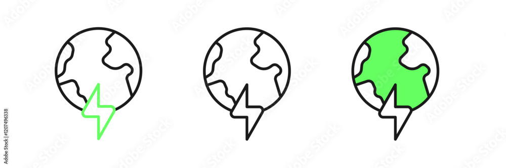 Set line Global energy power planet with flash thunderbolt icon isolated on white background. Ecology concept and environmental. Vector Set line Global energy power planet with flash thunderbolt icon isolated on white background. Ecology concept and environmental. Vector