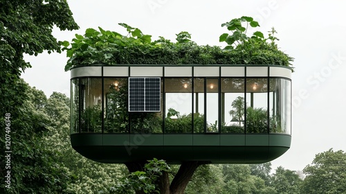 Solarpunk inspired treehouse featuring solar powered lights wind energy generators and wraparound glass windows with lush vegetation growing up the sides  photo