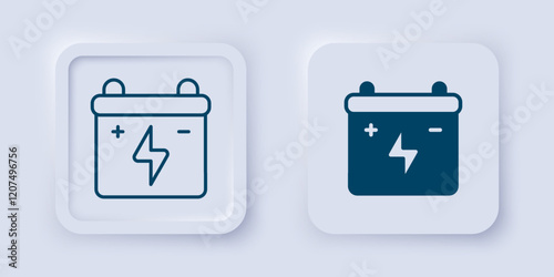 Filled and outline Car battery icon isolated on grey background. Accumulator battery energy power and electricity accumulator battery. Square button. Vector