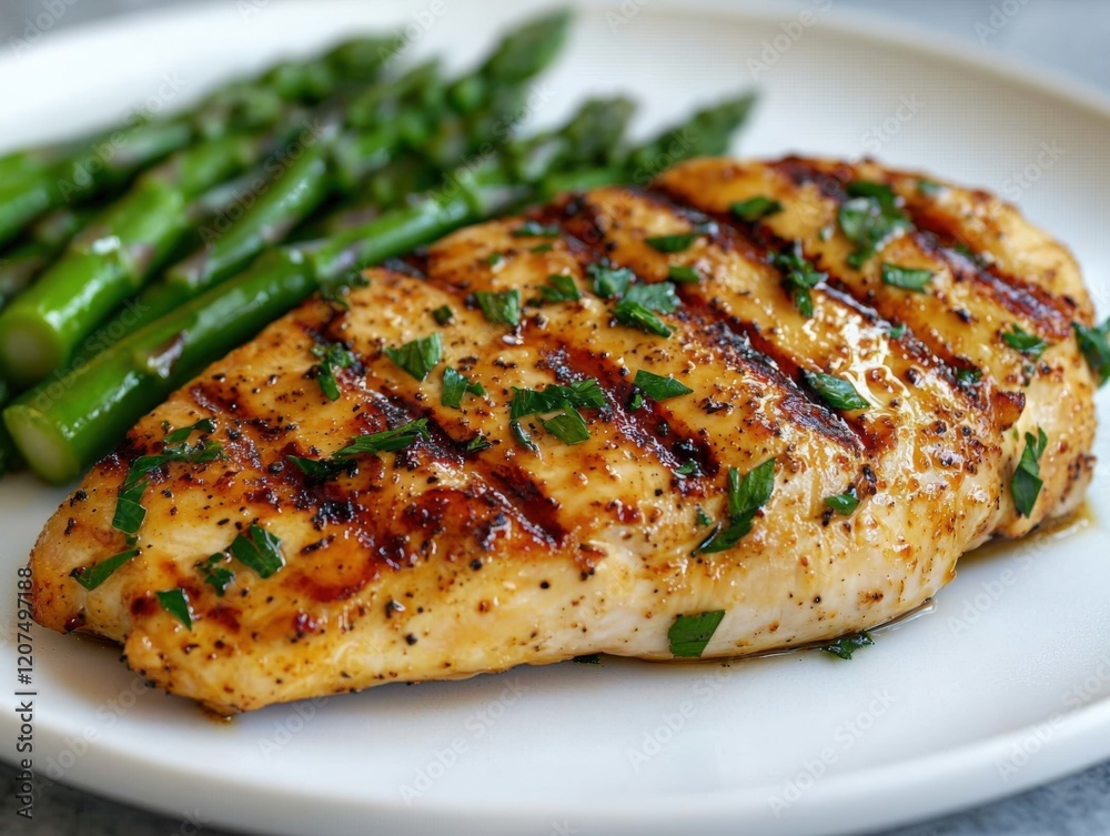 Grilled chicken breast with asparagus on plate, healthy food meal concept, Generated AI