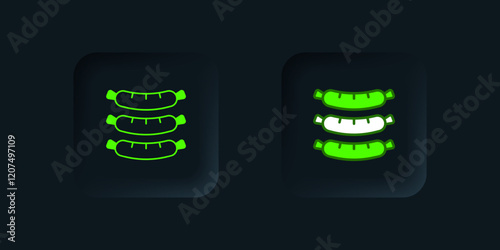 Green Sausage icon isolated on black background. Grilled sausage and aroma sign. Black square button. Vector