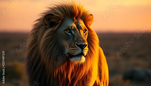 Majestic Lion at Sunset in the African Savanna