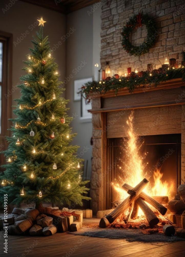 Christmas tree standing tall beside a crackling fire, christmas, festive, ambiance Christmas tree standing tall beside a crackling fire, christmas, festive, ambiance