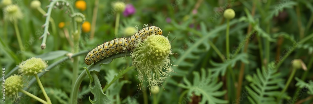 Caterpillar crawling along a fennel stalk in a lush garden, fennel, wildlife, garden Caterpillar crawling along a fennel stalk in a lush garden, fennel, wildlife, garden