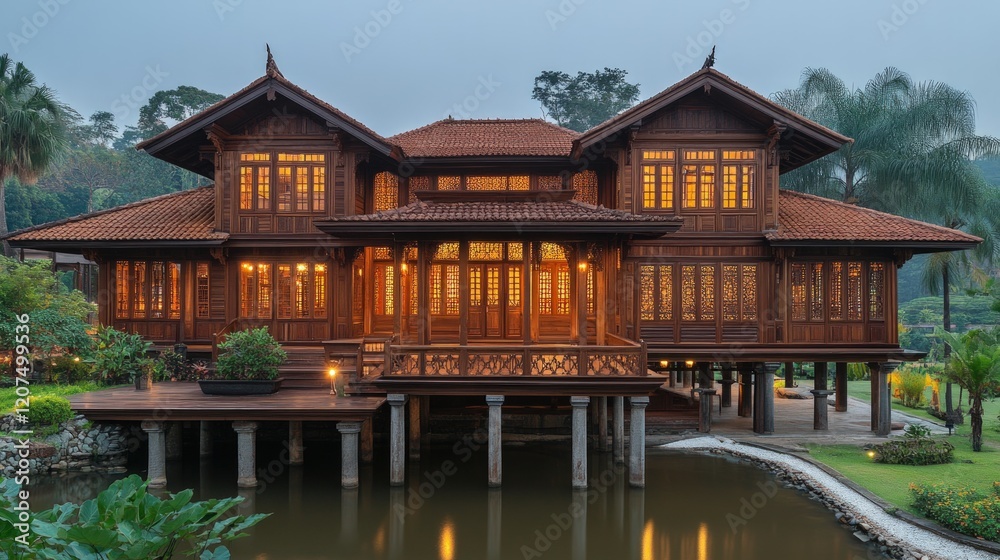 Illuminated wooden house, stilts, water reflection. Illuminated wooden house, stilts, water reflection.