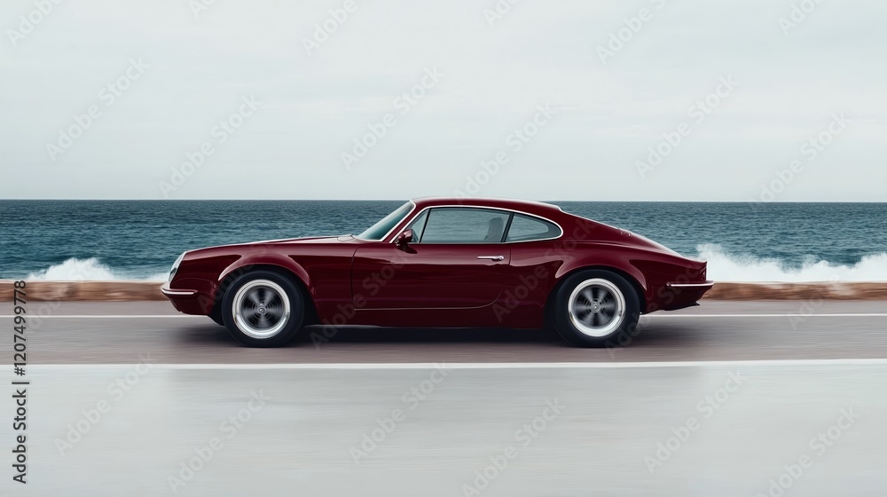 A classic cherry red muscle car speeding along a coastal road with ocean waves crashing in the background A classic cherry red muscle car speeding along a coastal road with ocean waves crashing in the background