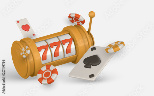 Realistic 3d casino game concept. Slot machine, playing cards, poker chips. Gambling concept. Vector illustration