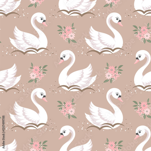Seamless pattern with swans and pink flowers on beige background. Cute background for decorating