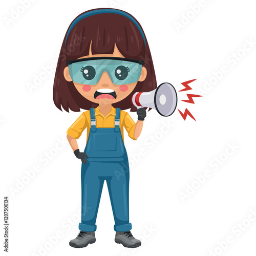 Maintenance technician annoyed making an announcement with a megaphone. Handyman with personal protective equipment, focused on maintenance tasks, repairs in industrial and domestic environments