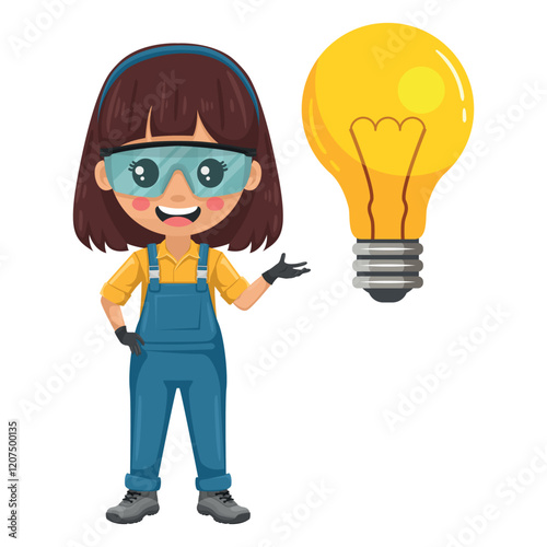 Maintenance technician with a giant light bulb. Creative idea symbol. Handy woman with personal protective equipment, focused on maintenance tasks, repairs in industrial and domestic environments