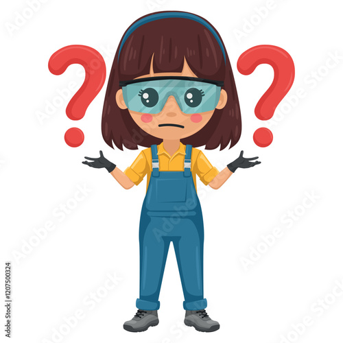 Maintenance technician with question sign for FAQ concept. Handy woman with personal protective equipment focused on maintenance tasks, repairs in industrial and domestic environments