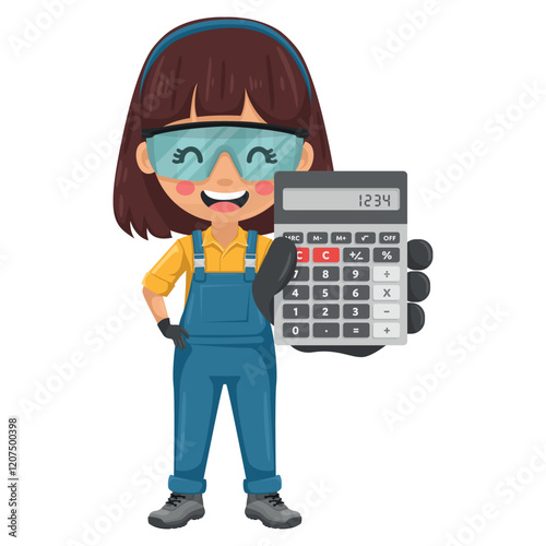 Maintenance technician with a calculator in hand for financial analysis, accounting and budget calculation. Handy woman focused on maintenance tasks, repairs in industrial and domestic environments