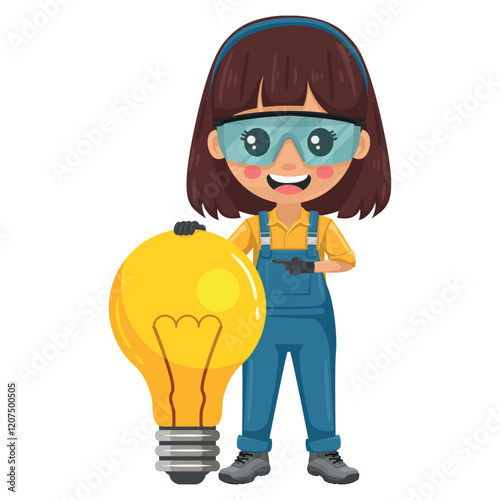 Maintenance technician with a giant light bulb. Creative concept for the generation of ideas. Handy woman focused on maintenance tasks, repairs in industrial and domestic environments