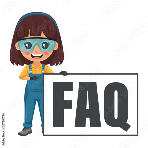Maintenance technician with sign FAQ letters. Frequently asked questions. Handy woman with personal protective equipment focused on maintenance tasks, repairs in industrial and domestic environments
