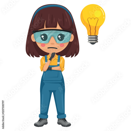 Maintenance technician expressing doubt. Focus representing an idea. Concept for the generation of ideas. Handy woman focused on maintenance tasks, repairs in industrial and domestic environments