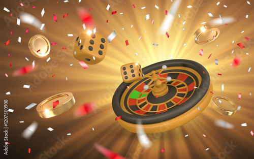 Realistic 3d casino game concept. Roulette wheel, dice, golden coin, confetti. Gambling concept. Vector illustration