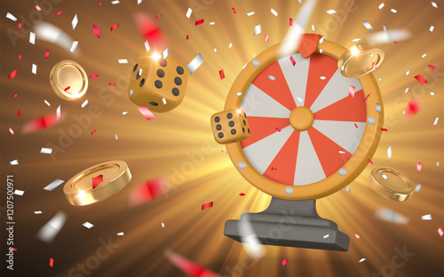 Realistic 3d casino game concept. Wheel of fortune, dice, golden coin, confetti. Gambling concept. Vector illustration