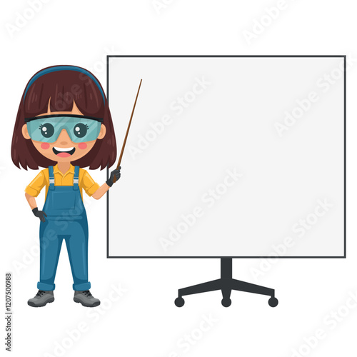 Maintenance technician giving a talk or training on a whiteboard in a meeting. Handy woman with personal protective equipment focused on maintenance, repairs in industrial and domestic environments