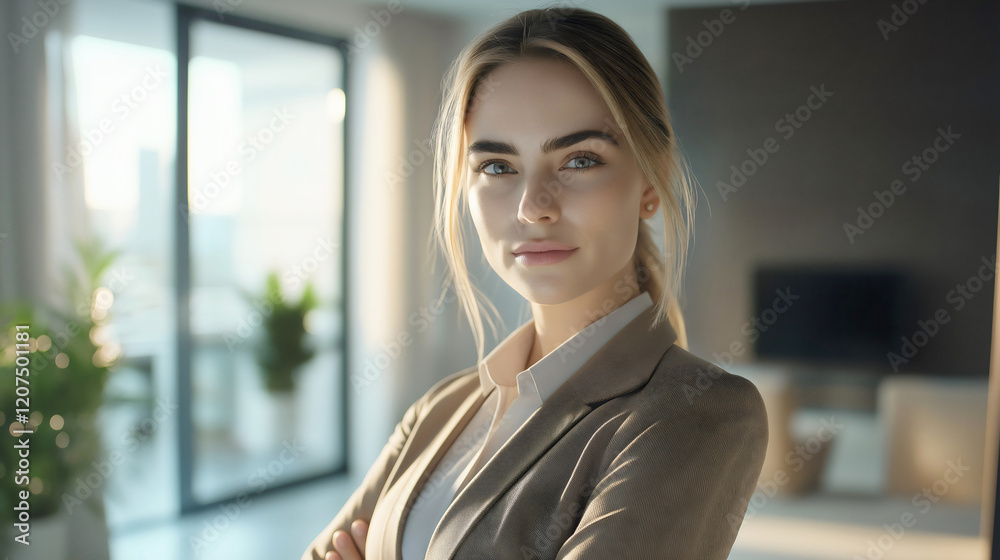 Confident Young Businesswoman Smiling in Modern Office Portrait Confident Young Businesswoman Smiling in Modern Office Portrait
