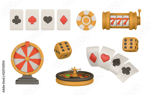Realistic 3d casino game concept. Slot machine, roulette wheel, wheel of fortune, playing cards, poker chips, dice. Gambling concept. Vector illustration