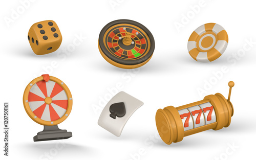 Realistic 3d casino game concept. Slot machine, roulette wheel, wheel of fortune, playing cards, poker chips, dice. Gambling concept. Vector illustration
