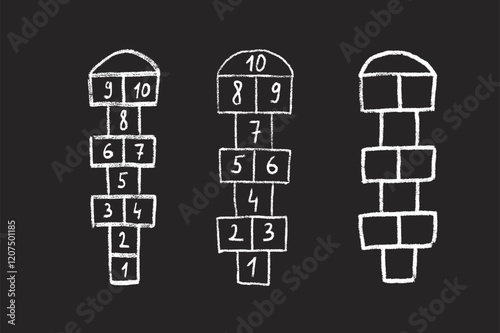 Hopscotch game isolated on on dark blackboard background. Children playground outdoor entertainment. Vector chalk drawn illustration.