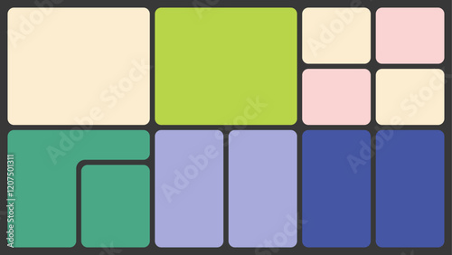 Bento box template. Y2K collage grid shapes. Geometry modular moodboard frames. UI design elements border. Rectangular composition pack. Trendy blocks blank layout. Vector flat illustration.