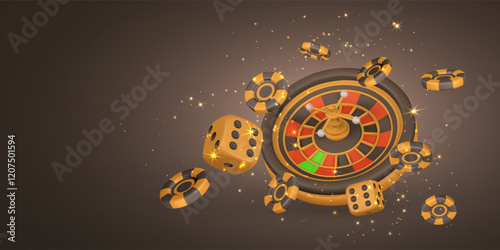 Realistic 3d casino game concept. Roulette wheel, poker chips, dice. Gambling concept. Vector illustration