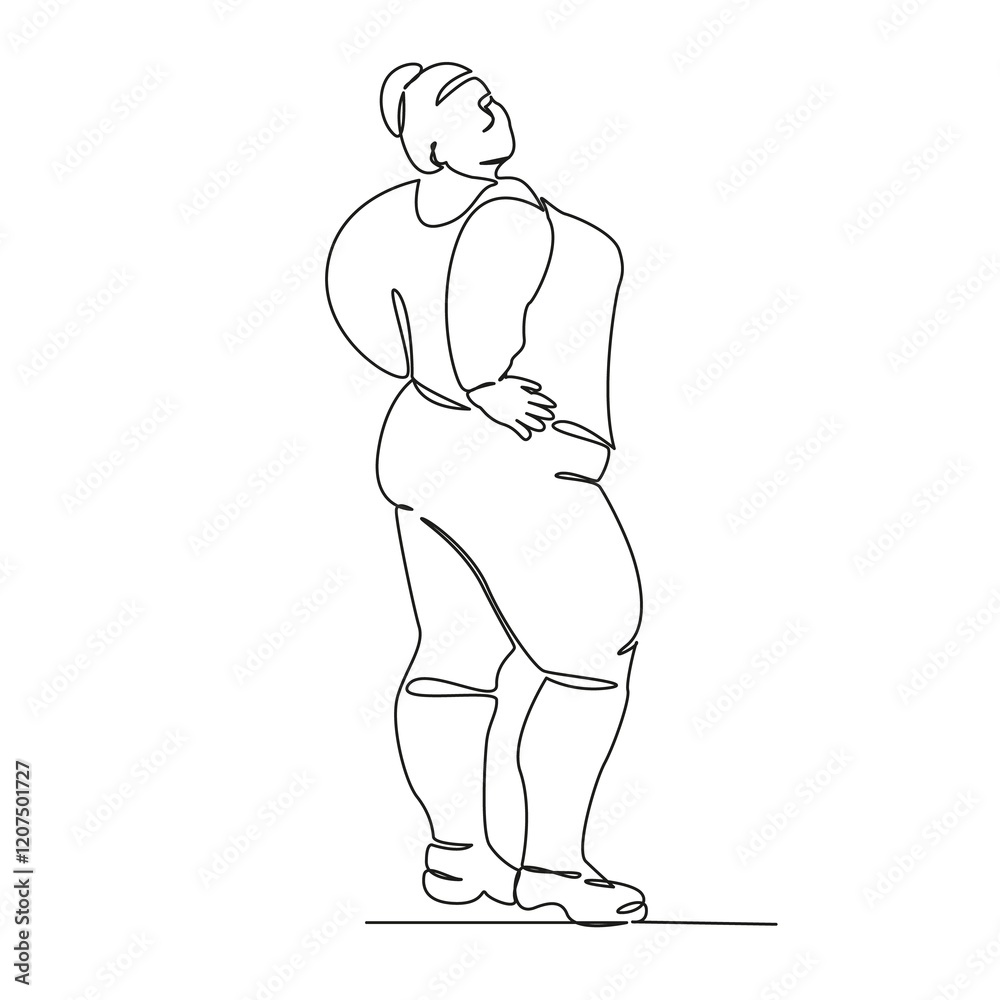Fototapeta premium One continuous single drawing line art flat doodle fat woman, body positivity, model, fat, overweight, overeating, beauty. Isolated image hand draw contour on a white background, hand drawn, not AI