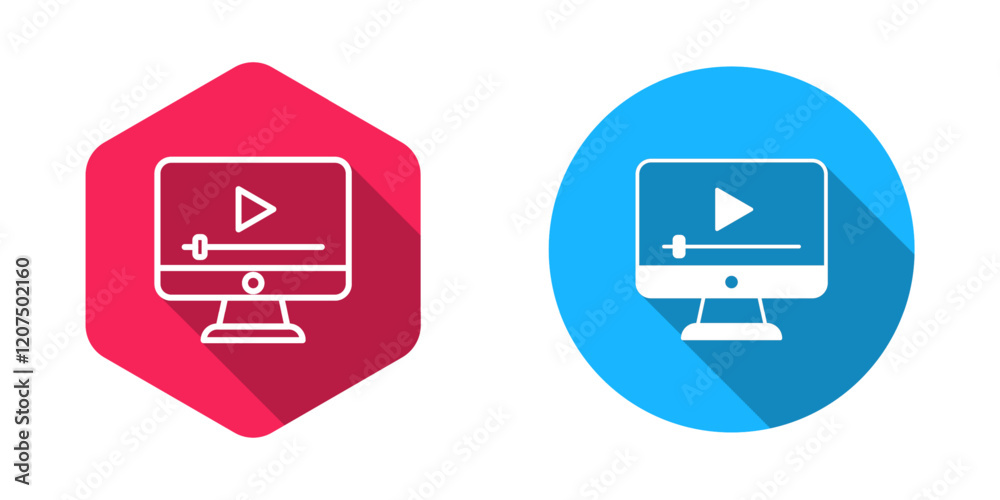 Filled and outline Online play video icon isolated with long shadow background. Film strip with play sign. Vector Filled and outline Online play video icon isolated with long shadow background. Film strip with play sign. Vector