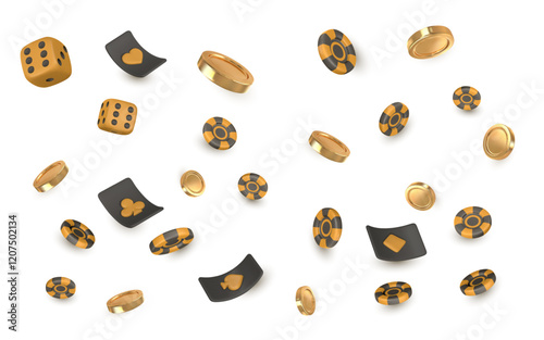 3d online casino game concept. Playing cards, poker chips, dice, golden coin. Gambling concept. Vector illustration