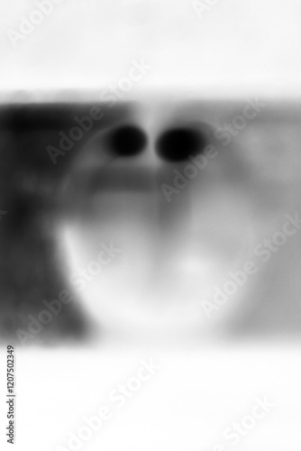A dreamy view of a stove appliance control knob in a black and white, film negative.