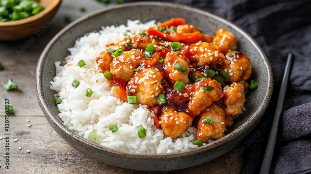 Delicious homemade sweet and sour chicken with rice garnished with sesame and green onions Delicious homemade sweet and sour chicken with rice garnished with sesame and green onions
