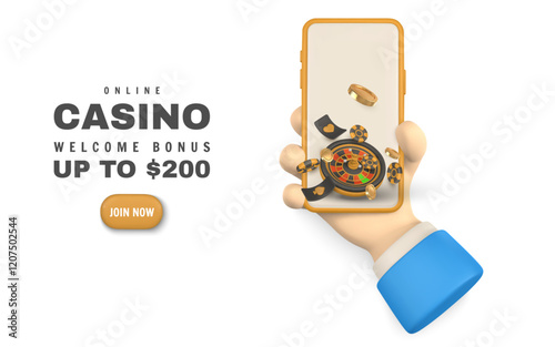 Realistic 3d online casino game concept. Phone in hand, playing cards, poker chips, dice. Gambling concept. Vector illustration