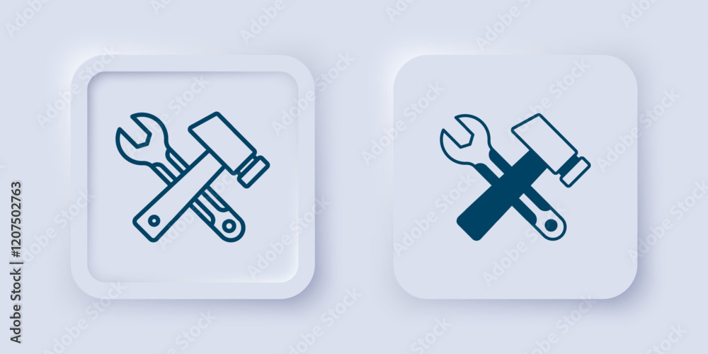 Filled and outline Crossed hammer and wrench spanner icon isolated on grey background. Hardware tools. Square button. Vector Filled and outline Crossed hammer and wrench spanner icon isolated on grey background. Hardware tools. Square button. Vector