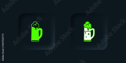 Green Glass of beer icon isolated on black background. Happy Saint Patricks day. National Irish holiday. Black square button. Vector