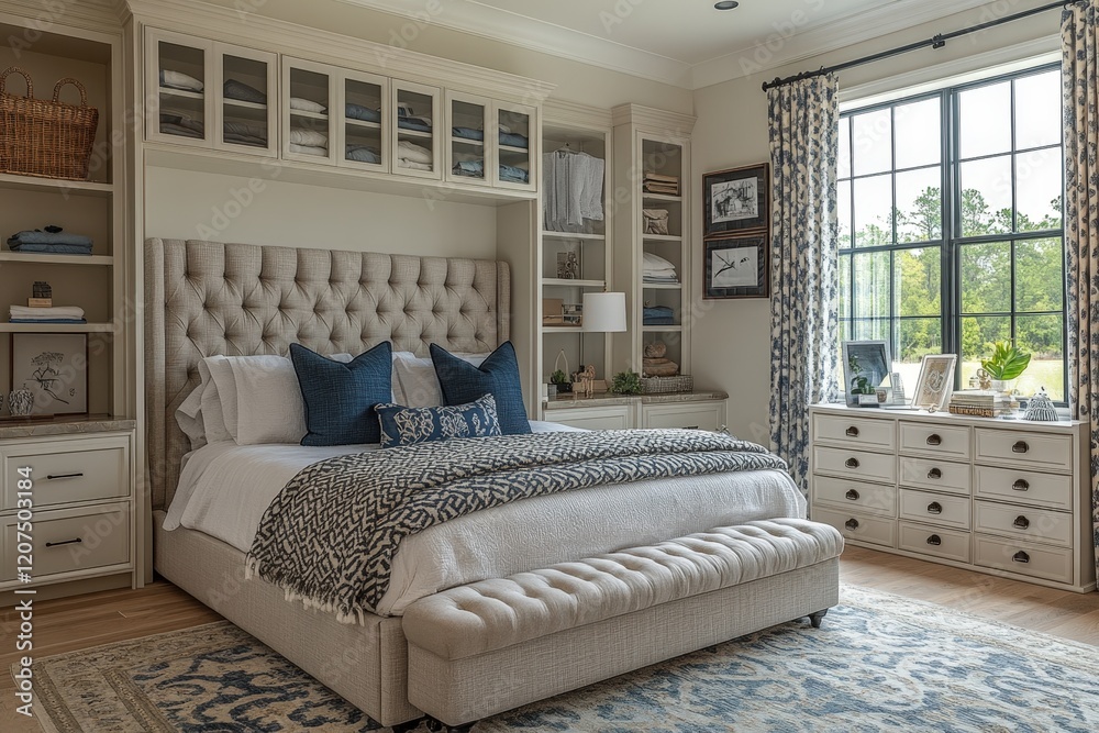 Fototapeta premium Serene and Luxurious Master Bedroom Interior Design with Built-in Storage and Elegant Decor