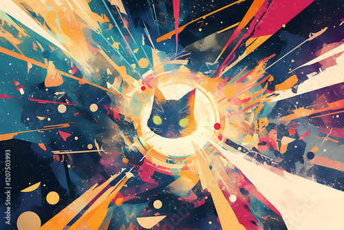 Abstract illustration of a colorful cat's face emerging from a cosmic explosion of light and shapes