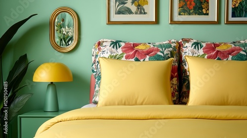 A maximalist bedroom adorned with layers of patterned bedding ornate mirrors and a gallery wall of vintage art in gold frames rare Vintage maximalism cozy elegance 
