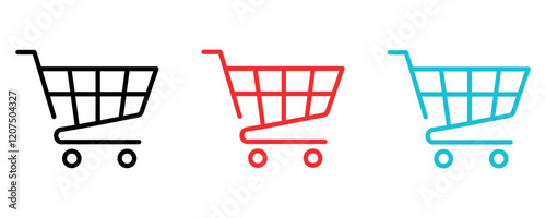 Shopping cart icons vector set, trolley symbol, cart icon set, linear trolley icons in three different color isolated on white background.