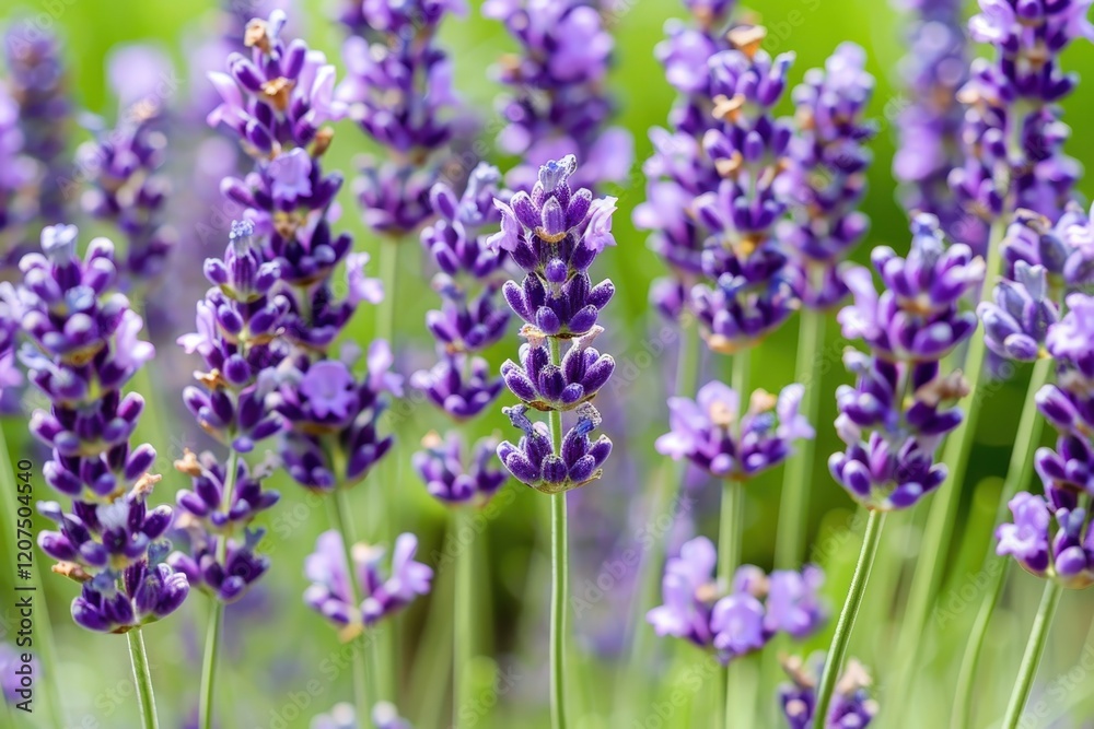 Obraz premium A close-up view of vibrant lavender flowers in full bloom, showcasing their rich purple hues and lush green stems.