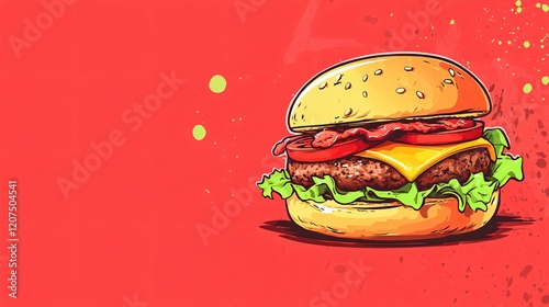 Delicious Cheeseburger with Lettuce and Tomatoes on a Vibrant Red Background