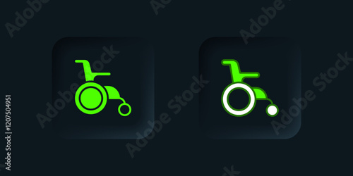 Green Wheelchair for disabled person icon isolated on black background. Black square button. Vector