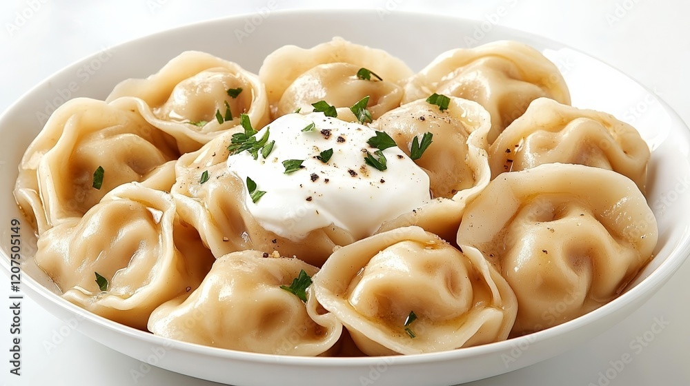 A plate of pelmeni dumplings topped with melted butter sour cream and freshly ground black pepper served in a cozy kitchen setting rare classic Soviet Union food comforting dish A plate of pelmeni dumplings topped with melted butter sour cream and freshly ground black pepper served in a cozy kitchen setting rare classic Soviet Union food comforting dish