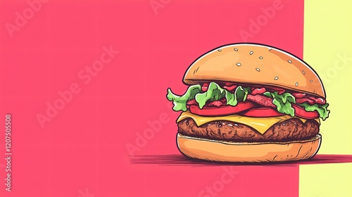 Illustrated Cheeseburger With Lettuce and Tomato on a Vibrant Background