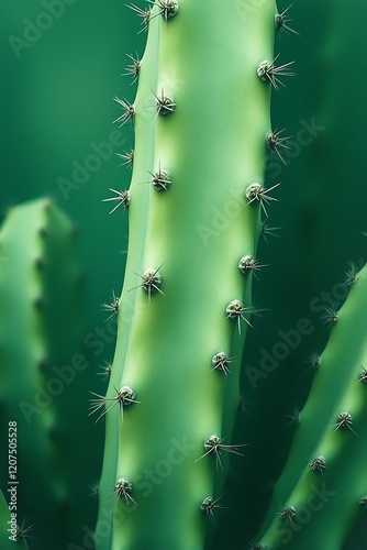 Close-up of a vibrant green cactus pad with small spines. photo