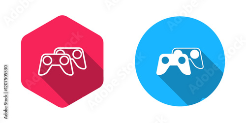 Filled and outline Game controller or joystick for game console icon isolated with long shadow background. Vector